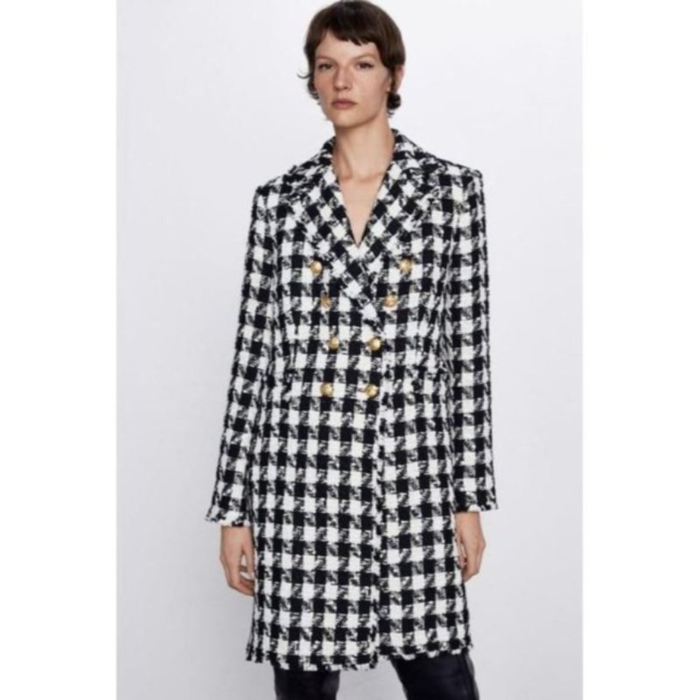 NWT Zara coat Womens XL tweed double breasted houndstooth gold buttons frayed